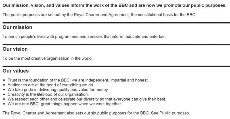 BBC Mission, Vision and Values